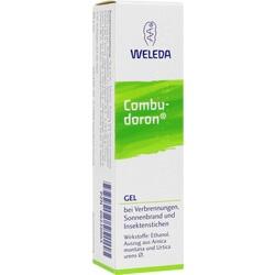 Weiße Schachtel mit grünem Streifen, darauf steht "Combudoron Gel" gegen Verbrennungen.