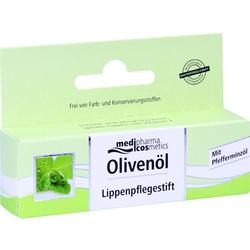 Grüne Verpackung eines Lippenpflegestifts mit Olivenöl und Pfefferminzöl.