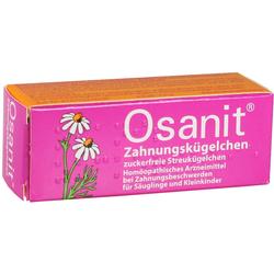 Rosa Packung von Osanit Zahnungskügelchen mit Kamillenblütenbild.