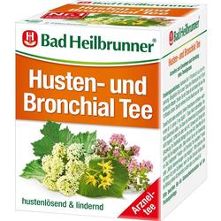 Eine Packung Husten- und Bronchialtee von Bad Heilbrunner mit Pflanzenabbildungen.