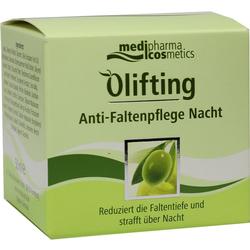Grüne Schachtel einer Nachtcreme gegen Falten mit Olivenbild.