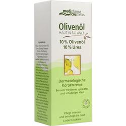 Packung von Olivenöl-Körpercreme für trockene und gereizte Haut.