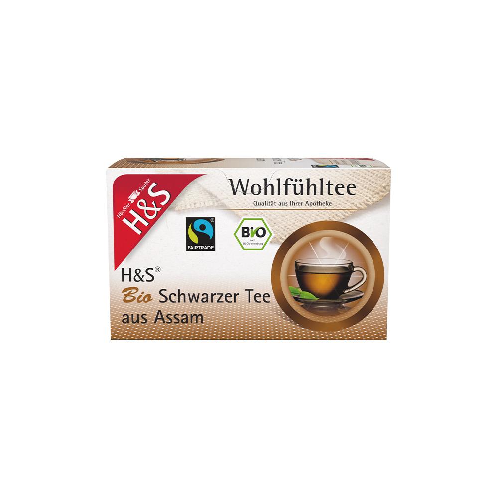 Diese Teepackung zeigt Bio-Schwarztee aus Assam mit Fairtrade-Siegel.